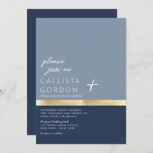 Moderne Hochzeitsnacht mit blauem Gold-Farbblock Einladung (Vorne/Hinten)