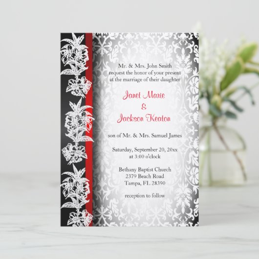 Moderne Hochzeitsohle in Weiß, Schwarz und Rot Einladung (Stehend Vorderseite)
