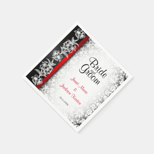 Moderne Hochzeitsohle in Weiß, Schwarz und Rot Serviette (Ecke)