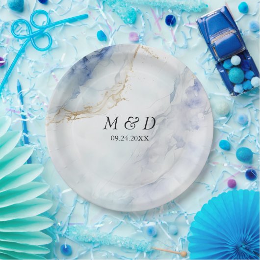 Moderne Hochzeitspapier-Teller aus blauem Marmor Pappteller (Party)