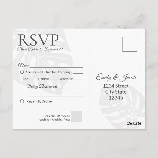 Moderne Hochzeitspostkarte RSVP. Palm Leaf Beach Postkarte (Rückseite)