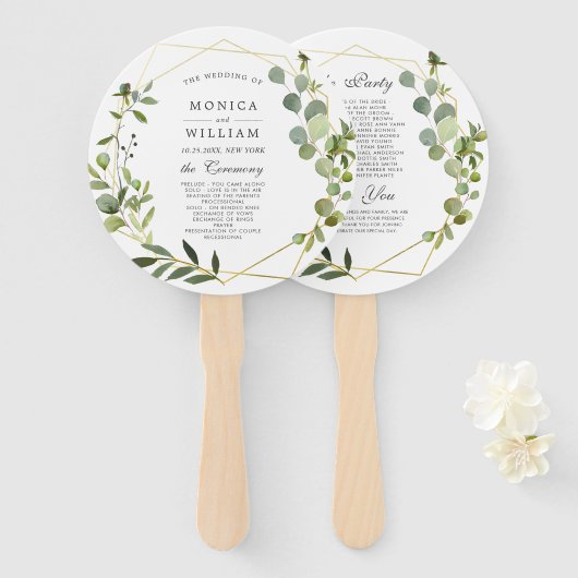 Moderne Hochzeitsprogramm mit Eukalyptusblättern Fächer (Vorne und Hinten)