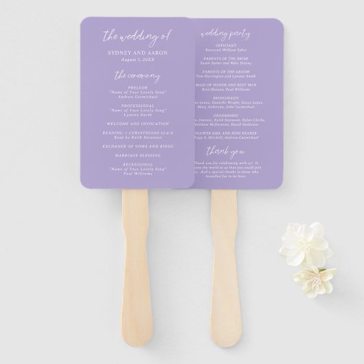 Moderne Hochzeitsprogramm Sydney Lavender Fächer (Vorne und Hinten)