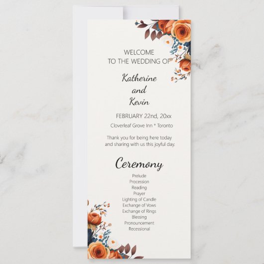 Moderne Hochzeitsprogramme für Navy Blue und Burnt Einladung (Vorderseite)