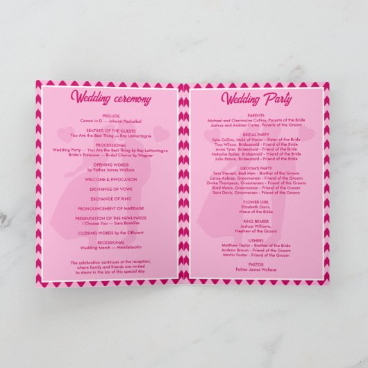 Moderne Hochzeitsprogrammkarte in Rosa mit Chevron Programm (Innenseite)