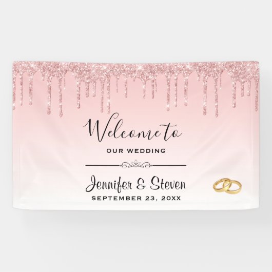 Moderne Hochzeitsrosa Glitzer Tropfen & Goldene Ri Banner (Horizontal)