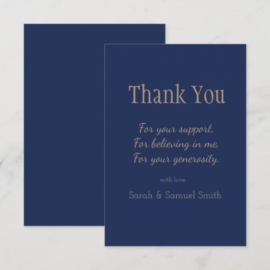 Moderne Hochzeitsskripte Navy und Gold Custom Dankeskarte (Vorne/Hinten)