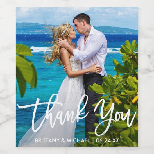 Moderne Hochzeitsskripte Vielen Dank Foto Weinetikett (Einzelnes Label)