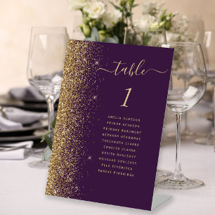 Moderne Hochzeitstisch-Nummerntafel mit lila-golde Sockelschild