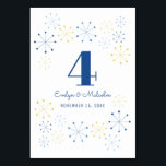 Moderne Hochzeitstische im Vintagen Stil des Mitte Tischnummer<br><div class="desc">Erstellen Sie eine personalisierte Hochzeitskarte. Diese Karte besticht durch ein lustiges Retro-Ambiente mit einem modernen Design aus der Mitte des Jahrhunderts. Farbenfrohe atomare Sterne oder Schneeflocken-Formen schmücken Oben und Unterseite. Die Stern-Formen sind in Blau- und Gelbtönen gehalten und Ihr Text ist in königsblau. Verwenden Sie die Vorlagenfelder, um dies mit...</div>