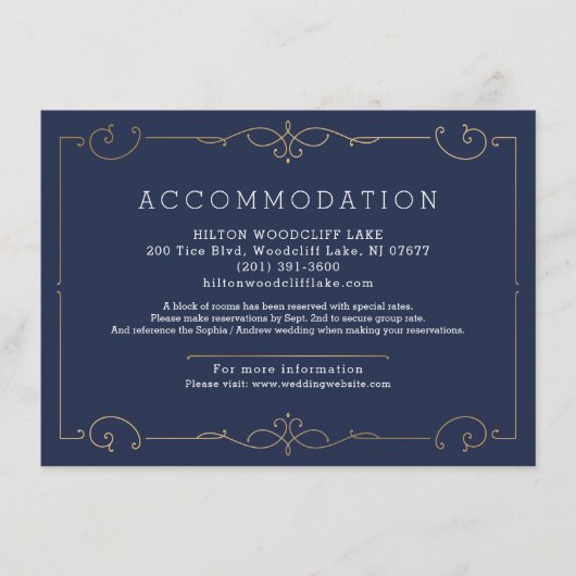 Moderne Hochzeitsunterkunft in blauer Eleganz Begleitkarte (Vorderseite)