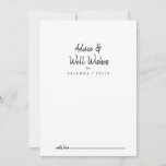 Moderne Hochzeitswünsche Hinweiskarte<br><div class="desc">Diese moderne Hochzeitsnacht ist perfekt für eine rustikale Hochzeit. Das einfache und elegante Design zeichnet sich durch klassische und extravagante Schriftzeichen in Schwarz und Weiß aus. Diese Karten sind ideal für Hochzeiten, Brautparty, Babydusche, Graduiertenfest u.v.m. Personalisieren Sie die Karten mit den Namen der Braut und Bräutigam, den Eltern, die Sie...</div>