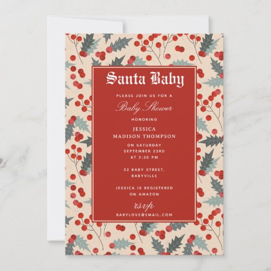Moderne Holly Berry Santa Baby Dusche Einladung (Vorderseite)