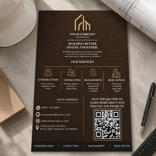 Moderne Holzmaserung QR-Code-Konstruktion Flyer