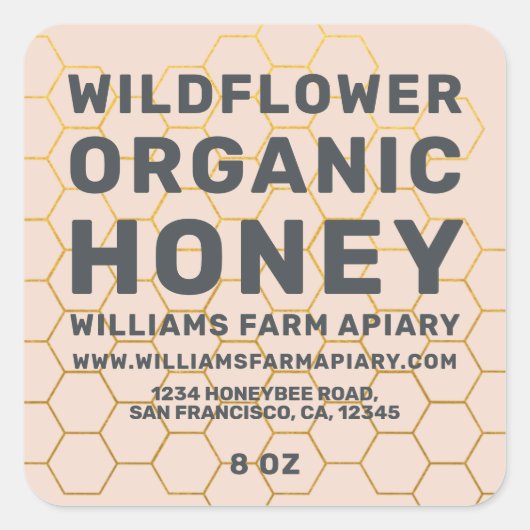 Moderne Honey Jar Label Honeybee Apiary Peach Stau Quadratischer Aufkleber (Vorderseite)