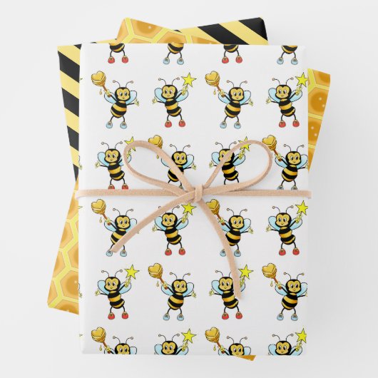 Moderne Honigbienen mit Herz- und Honigwabenmuster Geschenkpapier Set (Beispiel)