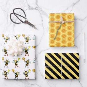 Moderne Honigbienen mit Herz- und Wabenmuster Geschenkpapier Set