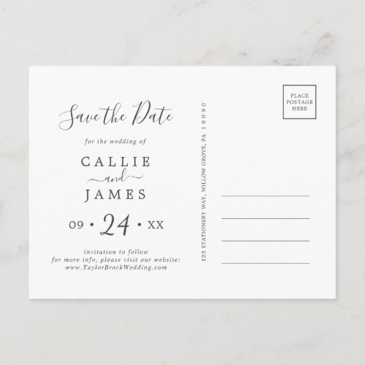 Moderne, horizontale Olive Save the Date Postkarte (Rückseite)