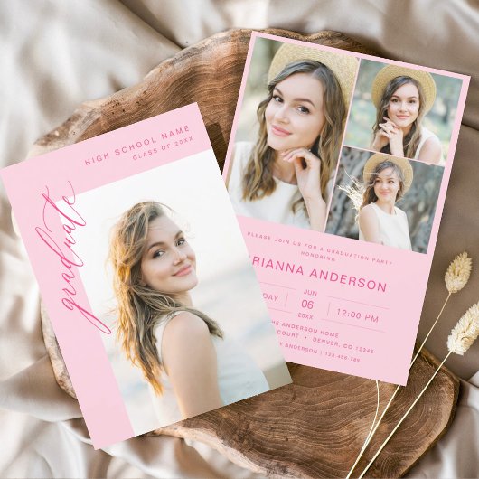 Moderne Hot-Pink-Foto-Graduierungsparty Einladung