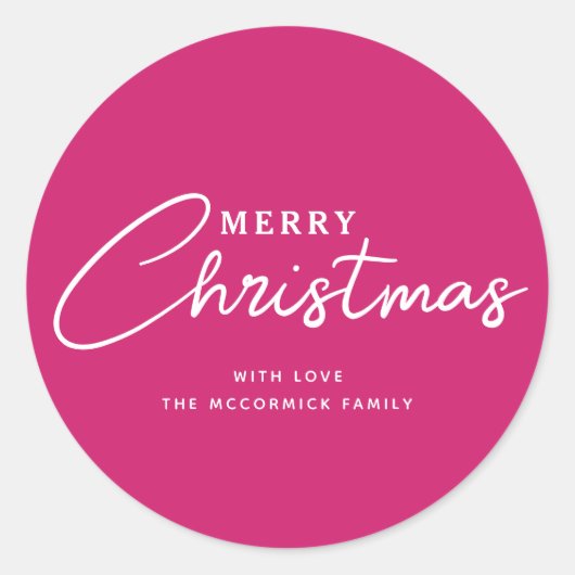 Moderne Hot Pink frohe Weihnachts-Script Typografi Runder Aufkleber (Vorderseite)