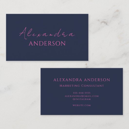 Moderne Hot Pink Navy Minimalistische Typografie Visitenkarte (Vorne/Hinten)