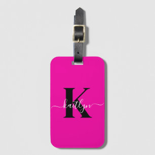 Moderne Hot Pink Schwarze Script-Monogramm Gepäckanhänger