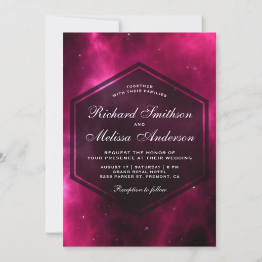 Moderne Hot Pink Space Galaxy Einladung zur Hochze (Vorderseite)
