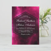 Moderne Hot Pink Space Galaxy Einladung zur Hochze (Stehend Vorderseite)