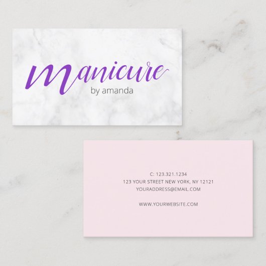 Moderne hübsche lila Maniküre aus weißem Marmor Visitenkarte (Vorne/Hinten)