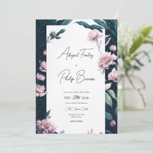 Moderne Hübsche Pink Peony Emerald Blätter Wedding Einladung (Stehend Vorderseite)