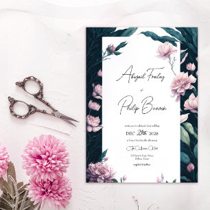 Moderne Hübsche Pink Peony Emerald Blätter Wedding Einladung