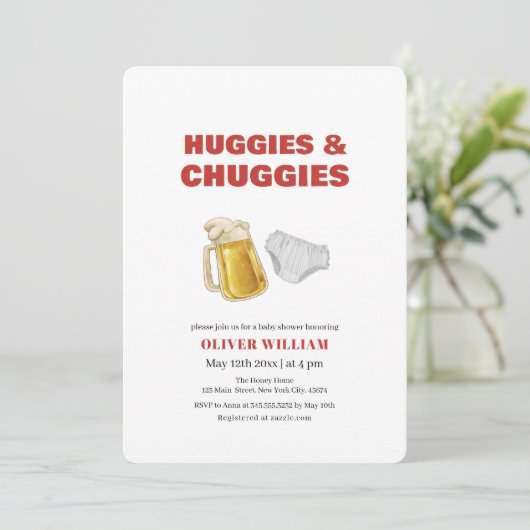 Moderne Huggies-Babydusche mit Bier und Windeln Einladung (Stehend Vorderseite)