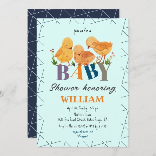 Moderne Hühnerfamilie farbenfrohe Letters Baby Dus Einladung (Vorne/Hinten)