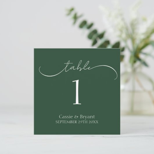 Moderne Hunter Green Script Hochzeitsskrippe-Tisch Programm (Stehend Vorderseite)