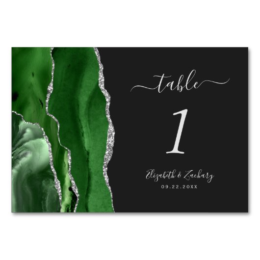 Moderne Hunter Green Silver Agate Dark Wedding Tischnummer (Vorderseite)