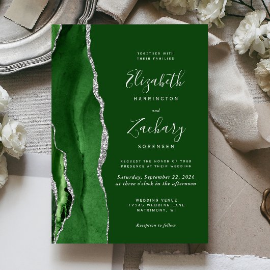 Moderne Hunter Green Silver Agate Hochzeit Einladung