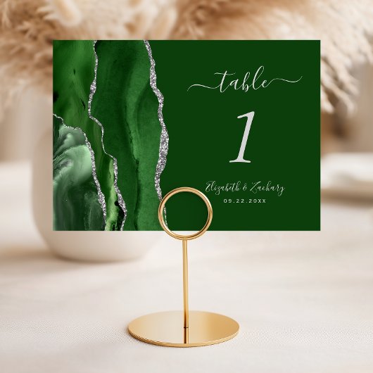 Moderne Hunter Green Silver Agate Hochzeit Tischnummer