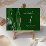 Moderne Hunter Green Silver Agate Hochzeit Tischnummer<br><div class="desc">Der links Rand dieser eleganten,  modernen Hochzeitskarte verfügt über einen Jäger-grünen Aquarellstreifen,  der mit Imitaten aus silberfarbenem Glitzer bestickt ist. Der anpassbare Text kombiniert silbergraue Handschrift,  kursiv und kopperplate Schriftart auf einem Jäger-grünen Hintergrund.</div>