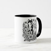 Moderne Husky- und Katzen-Linienkunst Tasse (VorderseiteRechts)