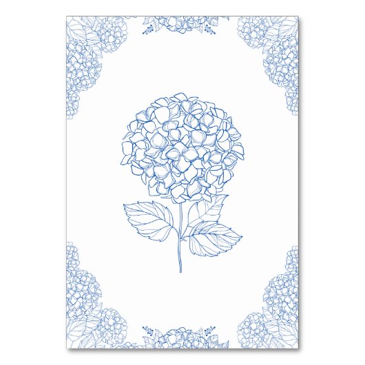 Moderne Hydrangea Dusty Blue Floral Details Tischnummer (Rückseite)