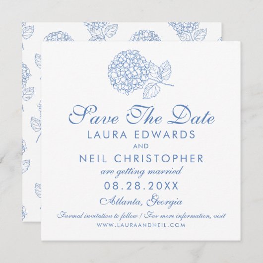 Moderne Hydrangea Dusty Blue Floral Wedding Save The Date (Vorne/Hinten)