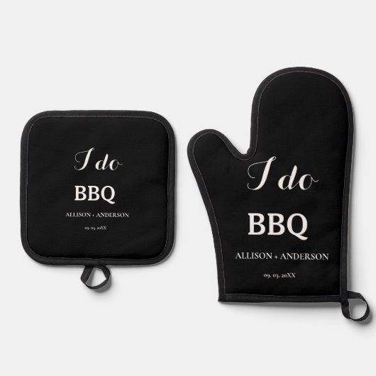 Moderne i do Grillen Brautparty Verlobung Ofenhandschuh & Topflappen-Set (Vorderseite)