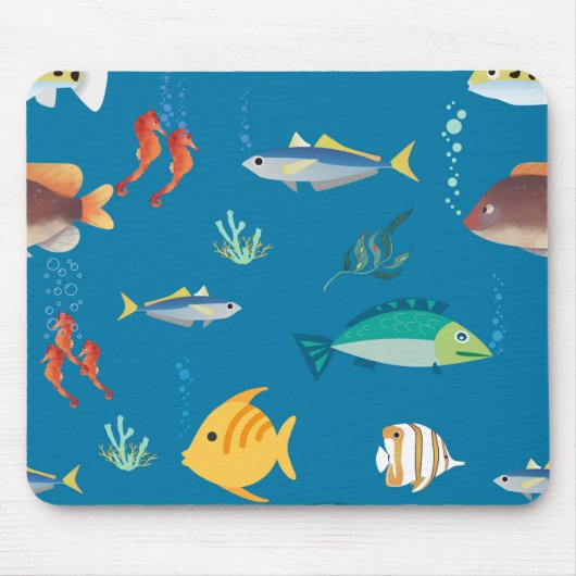Moderne illustrierte Fisch- und Seepferdchen-Muste Mousepad (Vorne)