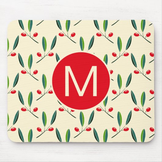 Moderne illustrierte rote Beeren Muster Monogramm Mousepad (Vorne)