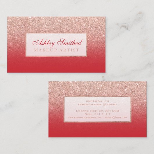 Moderne Imitat Rose Gold Glitzer Rot Ober Make-up Visitenkarte (Vorne/Hinten)