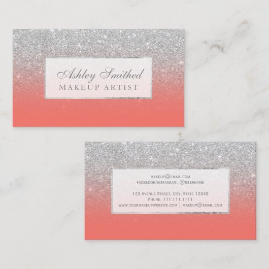 Moderne Imitat Silber Glitzer Korallenschminke Visitenkarte (Vorne/Hinten)