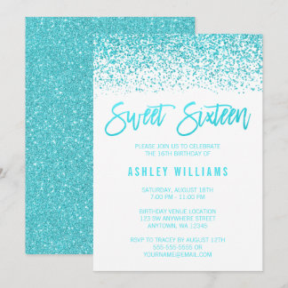 Moderne Imitate Aquamariner Glitzer Sweet 16 Gebur Einladung
