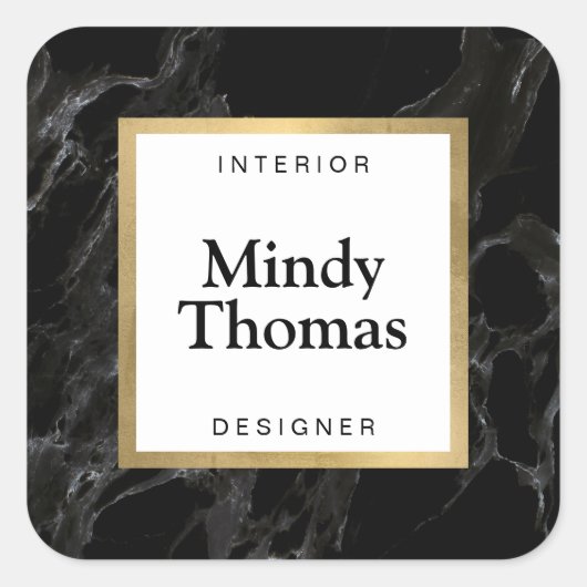 Moderne Imitate aus schwarzem Marmor Gold Frame Quadratischer Aufkleber (Vorderseite)
