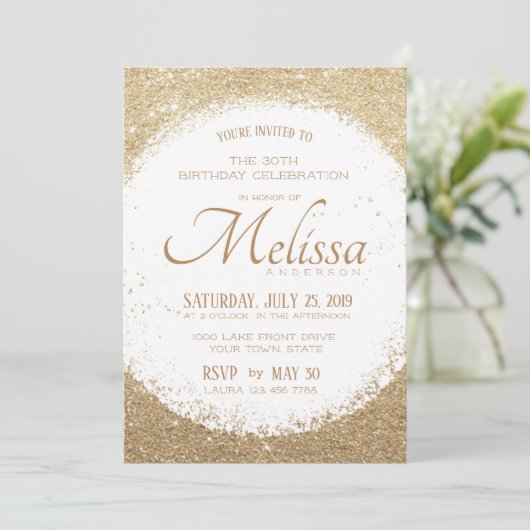 Moderne Imitate Glitzer Gold und White Birthday Ei Einladung (Stehend Vorderseite)