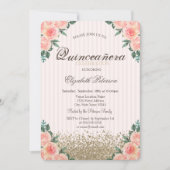 Moderne Imitate Gold Diamonds Rose Stiped Quinceañ Einladung (Vorderseite)